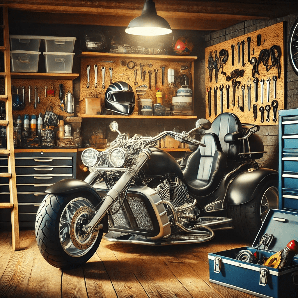 a motorcycle in a garage