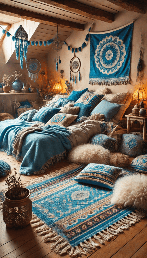 Sapphire blue bohemian room decor