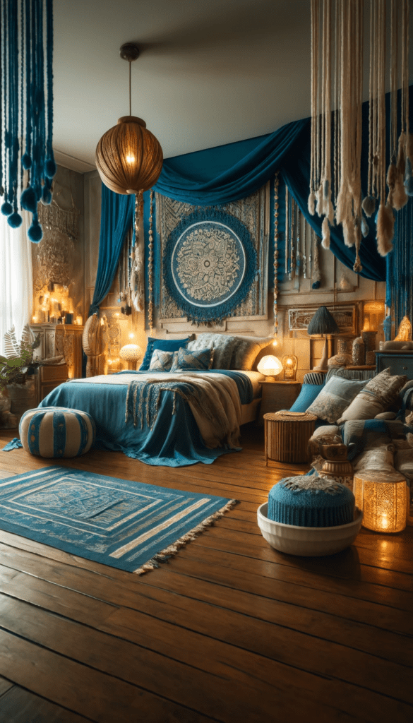 Sapphire blue bohemian room decor